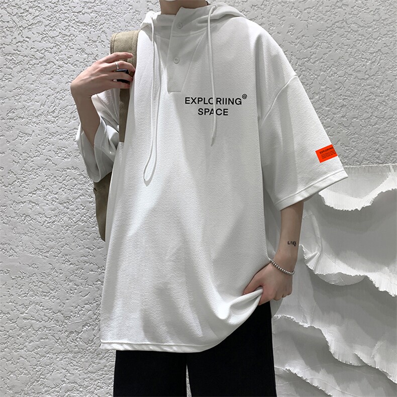 LD54244-P45连帽短袖t恤男大码胖子带帽五分袖中袖,男装T恤,电商A040