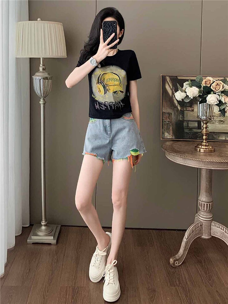 女夏季新款韩版运动休闲套装卡通印花圆领短袖宽松牛仔短裤两件套,女装套装/套裙,江南