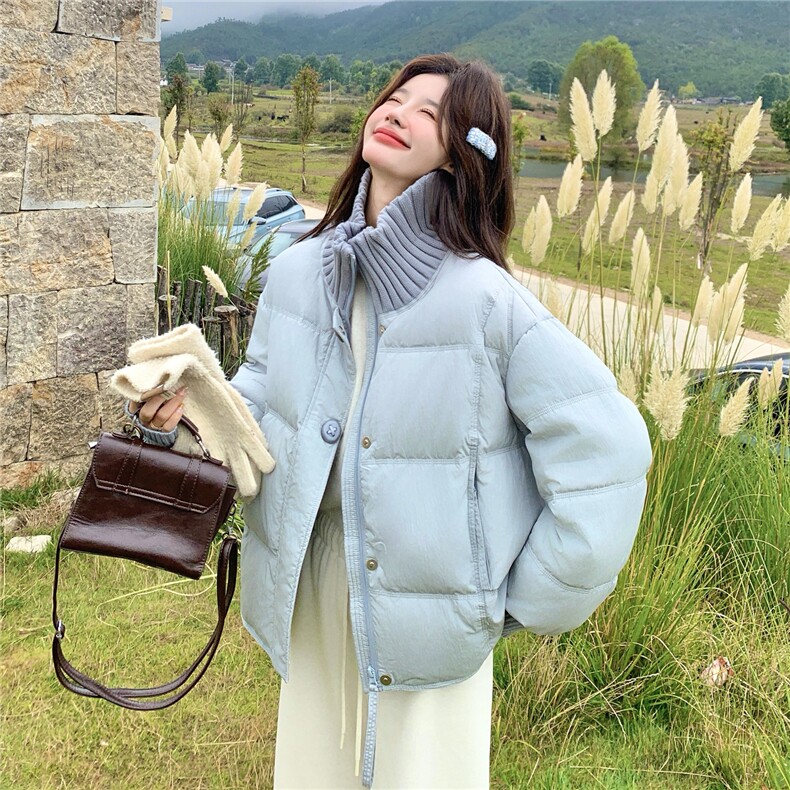 超好看蓝色针织拼接立领短款羽绒服女2025冬韩系甜美90白鸭绒外套,女装羽绒服,慧尚依恋