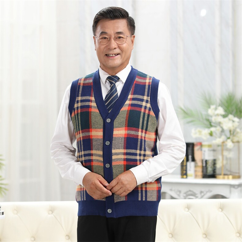 中老年情侣羊毛马甲男女方格坎肩加厚针织毛坎肩，男装中老年男装，亚东羊绒制品