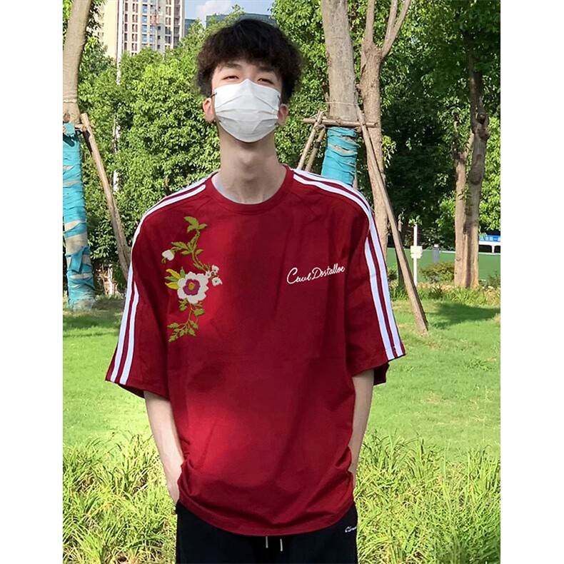 抖音得物高品质二开240克宽松纯棉美式潮牌三条杠织带短袖T恤,男装T恤,电商A486-1