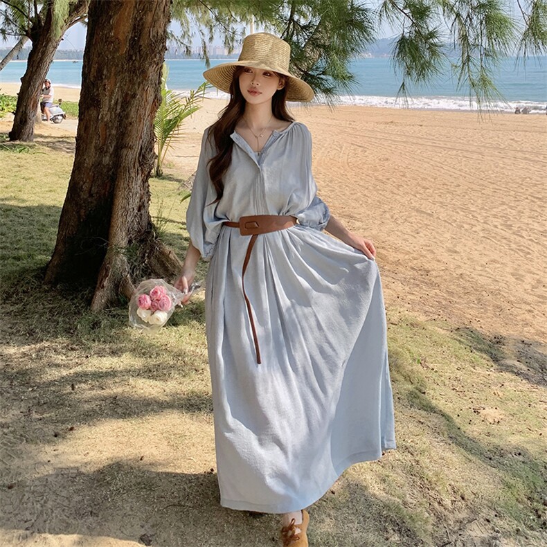 法式高级感连衣裙女2025春夏新款蓝色高腰显瘦七分袖度假风长裙子图片
