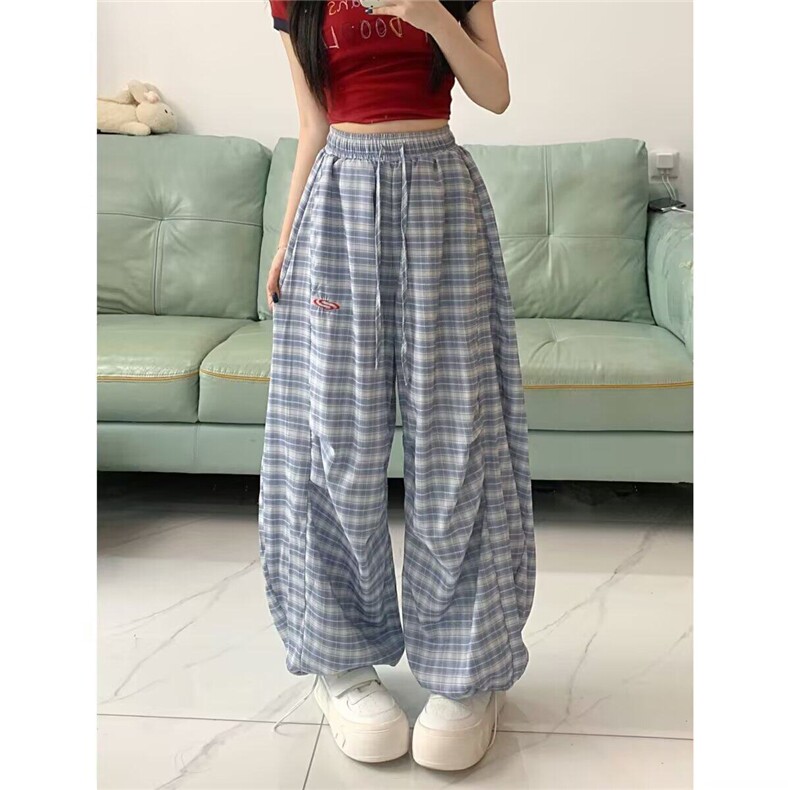 复古格子褶皱阔腿裤女夏季新款高腰显瘦百搭两穿直筒束脚 KA8021图片