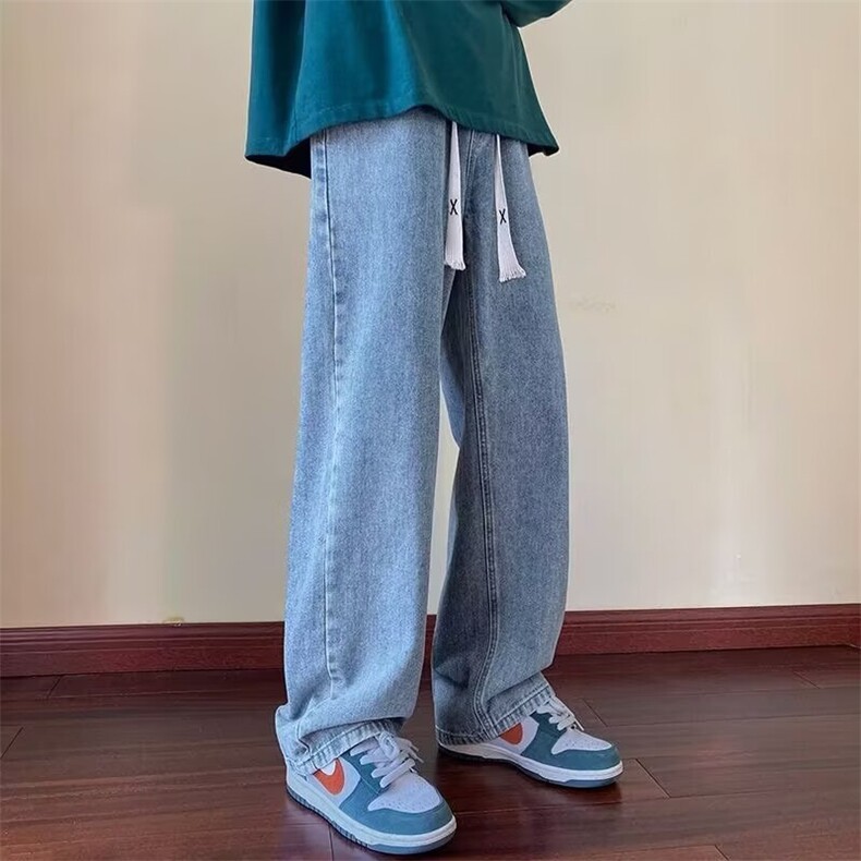 浅蓝色牛仔裤男款春秋季新款抽绳宽松直筒裤美式高街vibe风唱裤子，男装牛仔裤，星座506A