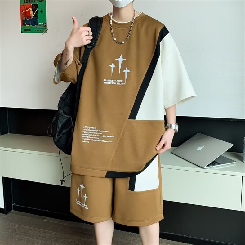 短袖短裤套装男夏季冰丝凉感t恤男一套搭配帅气青少年休闲运动服T图片