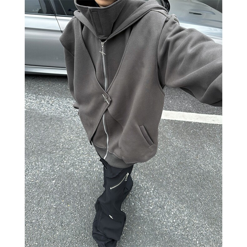 现货25秋冬设计感假两件暗黑高克重仿风连帽拉链开衫卫衣WY34-P98，男装卫衣，电商B288