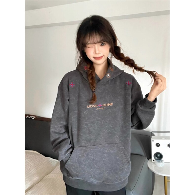 美式高街字母刺绣连帽卫衣男女秋冬新款宽松情侣帽衫外套，女装短外套，星座410-7