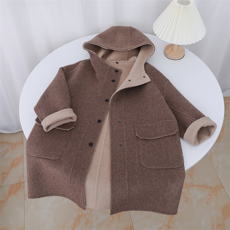 2025秋冬新连帽毛呢外套纯羊毛男女童装韩版宽松儿童双面羊绒大衣，童装外套，羢衣兜