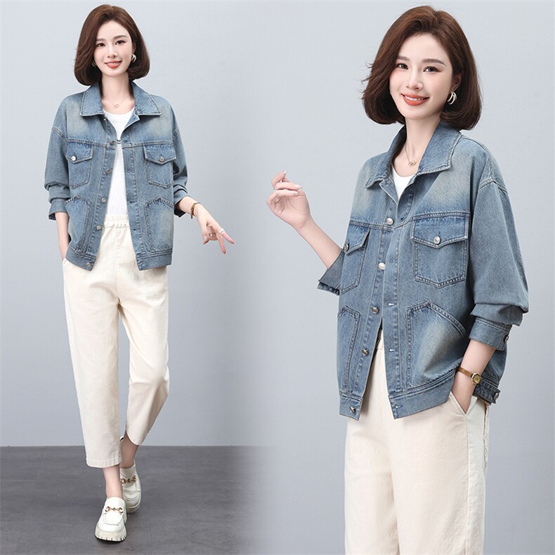 时尚春季宽松显瘦翻领牛仔外套女，女装牛仔外套，文熹诺