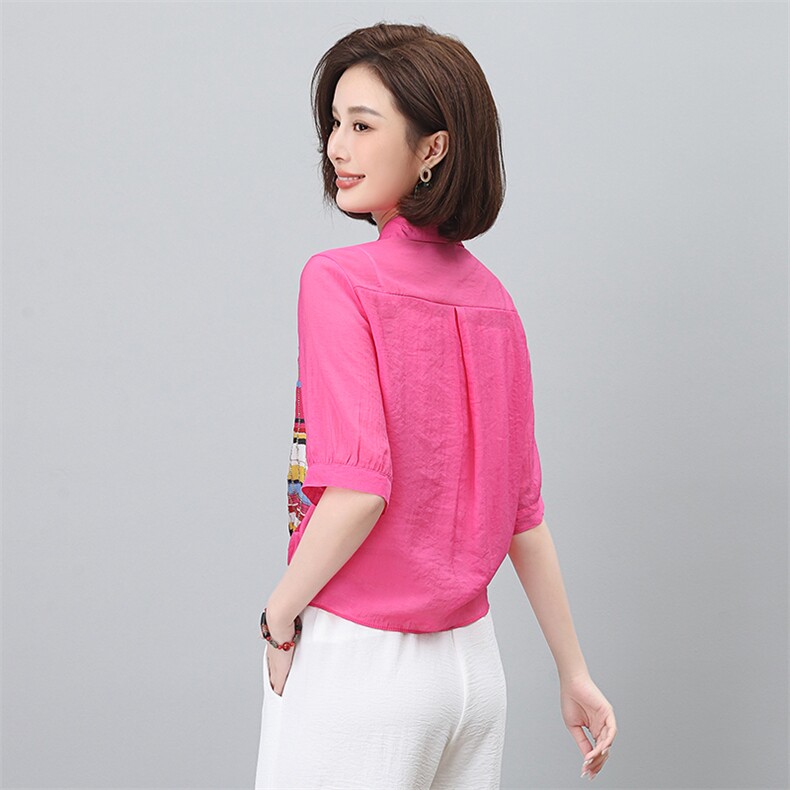 2024夏新款民族风复古宽松衬衫重工烫钻拼色气质五分袖衬衫，女装衬衫，涵誉