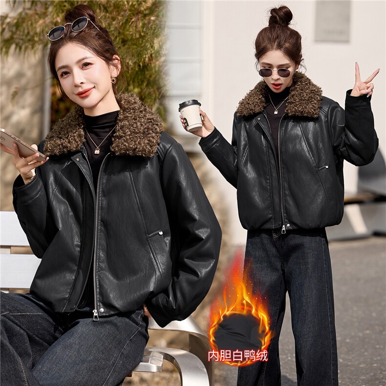 梦依缘2025年冬时尚精品皮质羽绒服,女装羽绒服,梦依缘