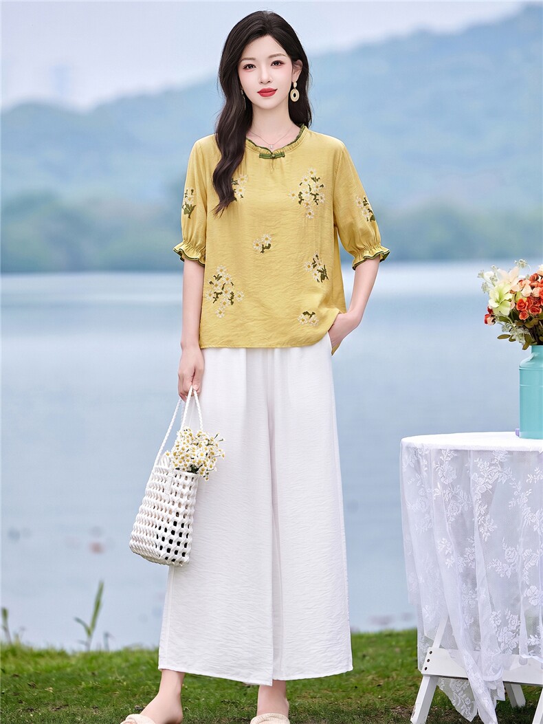 时尚洋气优雅刺绣套装女2026夏季新款复古气质宽松阔腿裤两件套,女装套装/套裙,魅影