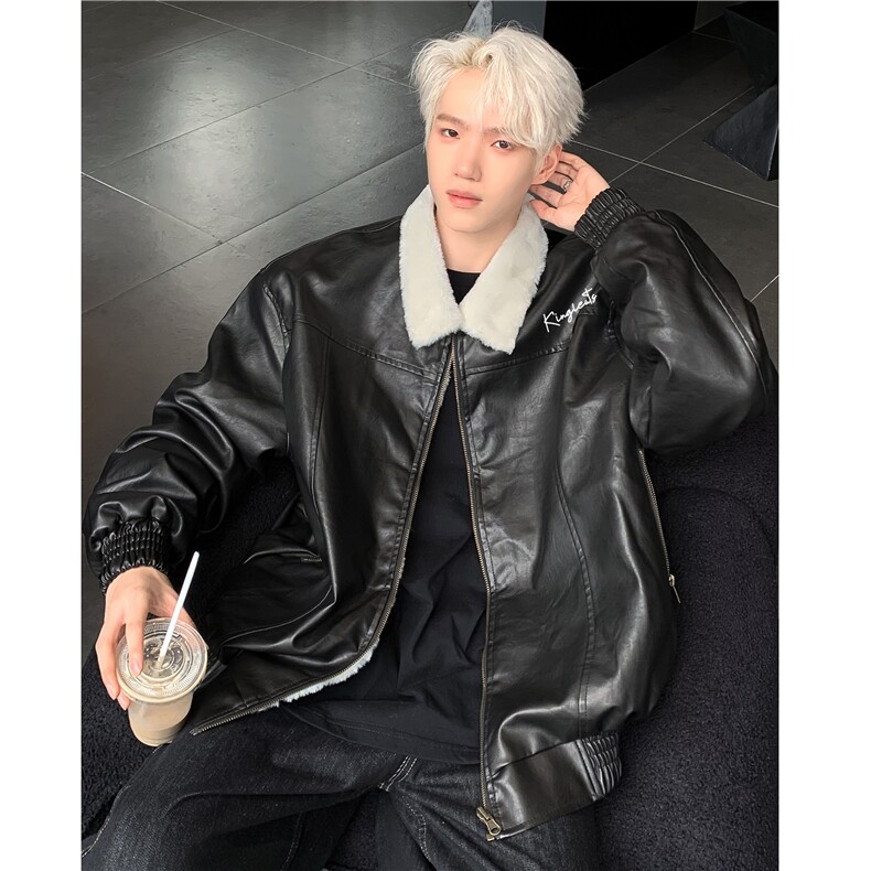 美式复古皮衣外套男女情侣款加厚冬季宽松加厚棉服机车服夹克P128，男装夹克，电商C307
