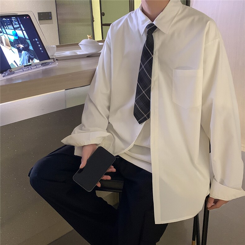 送领带衬衫男长袖ins港风大码宽松休闲痞帅衬衣CS712P35控58，男装衬衫，电商B413-1