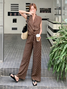 《大量现货26夏上新》100%苎麻舒适透气波点长裤无袖两件套女图片