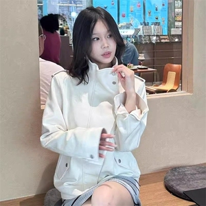 米白色立领长袖麂皮外套女装春秋高级感宽松气质休闲夹克拉链上衣图片