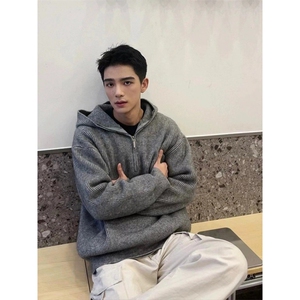 MY501-P63 灰色半拉链宽松连帽针织衫男秋季韩系穿搭慵懒松弛感图片