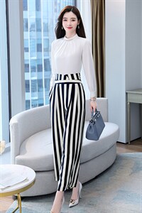 条纹职业套装女2024春秋新款高级感时尚气质高腰显瘦阔腿裤两件套,女装套装/套裙,韩美纤衣