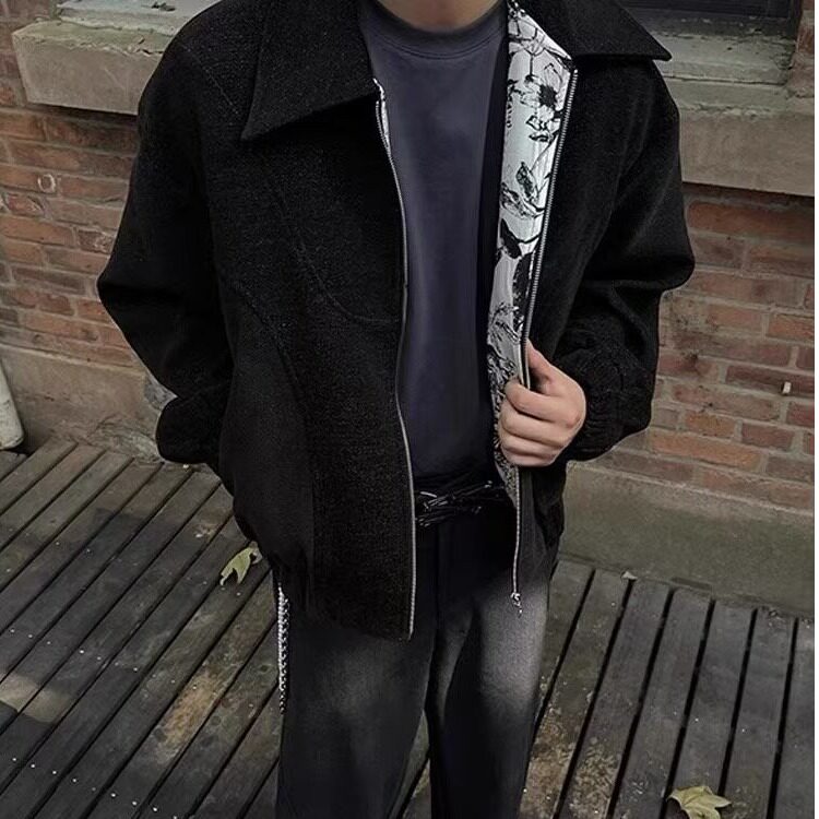 网图cleanfit毛呢外套男秋冬美式复古水墨花短款夹克JK9338-特P98图片
