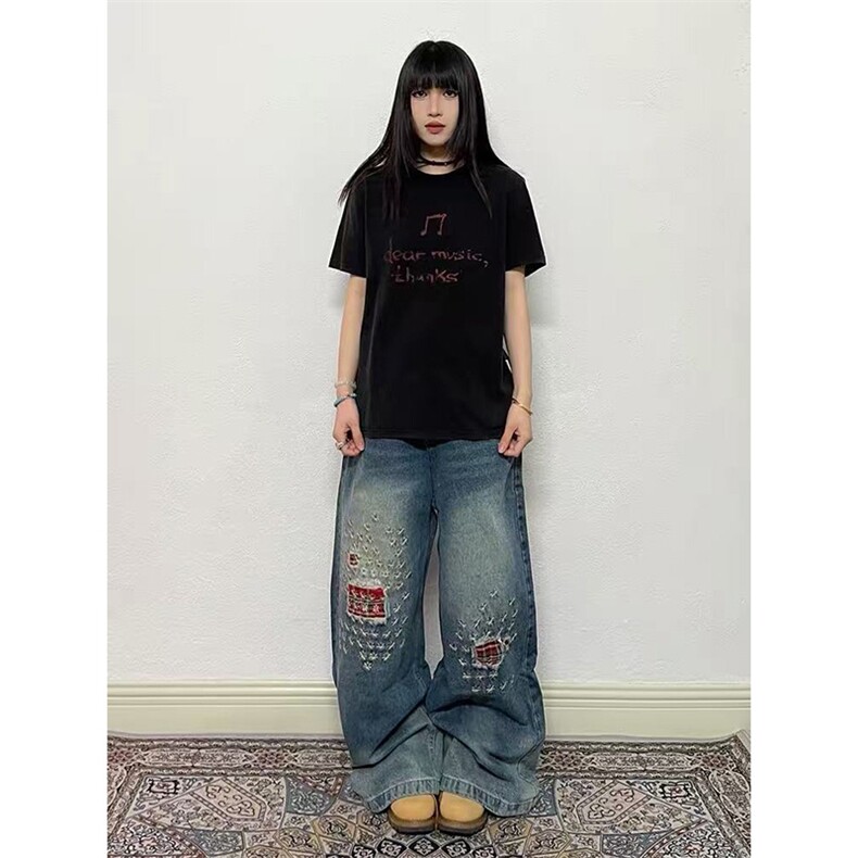网图有货美式高街复古休闲贴布刺绣直筒宽松牛仔裤男女A842-P52,男装牛仔裤,星座1505