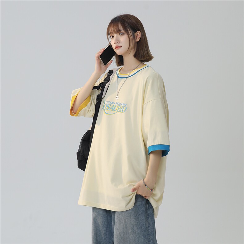 2025夏季新款蓝色清新学院风宽松圆领短袖T恤T1024/P45控59-100棉,男装T恤,电商A148-1