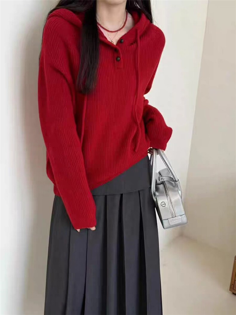 2025年秋季新款女士百搭三扣元宝针针织连帽衫,针织衫/毛衣,恒恩羊绒