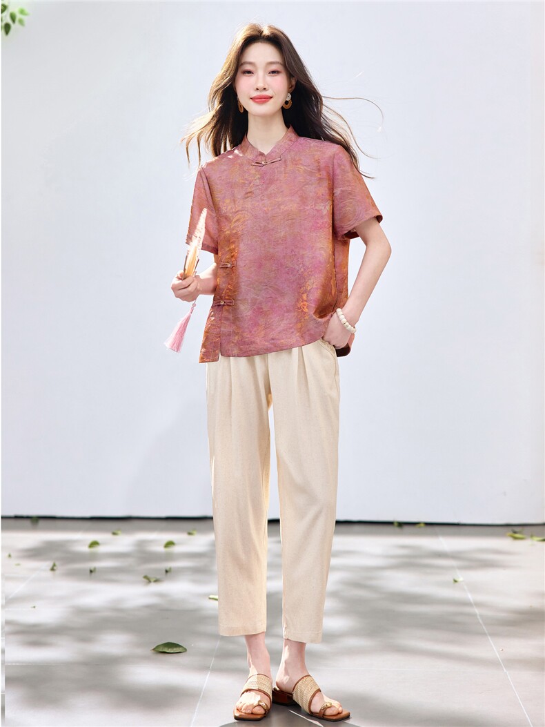 长期现货2026夏装新款时尚两件套装女提花新中式衬衫T小脚腿裤女,女装套装/套裙,璐依舞