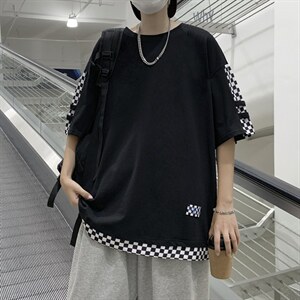 2023夏季高街小众设计感潮牌半袖棋盘格拼接短袖T恤男 T1314-P30图片