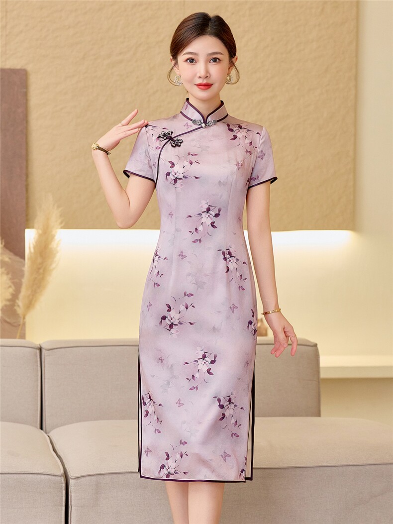 杭州品质真丝长裙复古印花连衣裙女春夏日常修身潮流真丝旗袍,女装汉服/婚纱/旗袍/礼服,小荷流