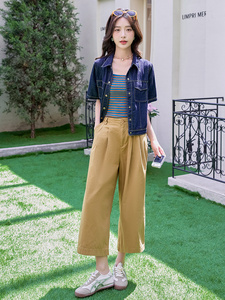 时尚牛仔套装女2025夏季淡人条纹洋气减龄小个子工装阔腿裤三件套图片