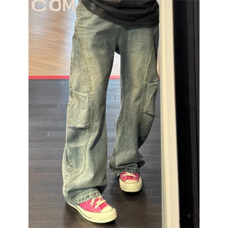 7604-P482025春款复古水洗蓝弯刀牛仔裤工装裤子美式阔腿裤，男装牛仔裤，星座215-1