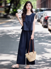 2026新款天丝亚麻短袖藏青色衬衫直筒休闲裤两件套洋气时尚女套装，女装衬衫，梦懿尔