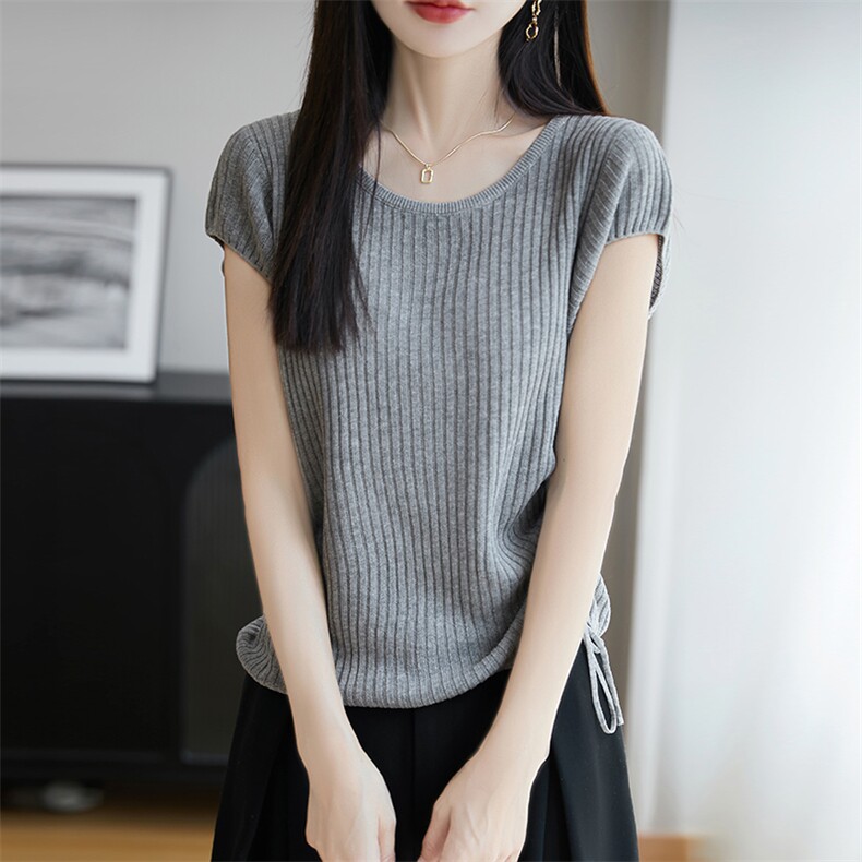 亚麻+莱赛尔天丝小飞袖圆领针织短袖t恤女抽绳三分袖坑条新款上衣,针织衫/毛衣,朝思羊绒