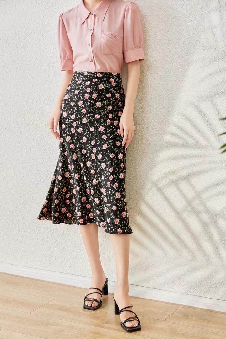 1093#黑色、米色，S-XXL，花色鱼尾裙。，其它，束索