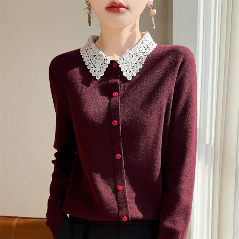 2025年秋季常规通勤单件加厚花边领开衫，女装羊毛衫，凯思米羊绒