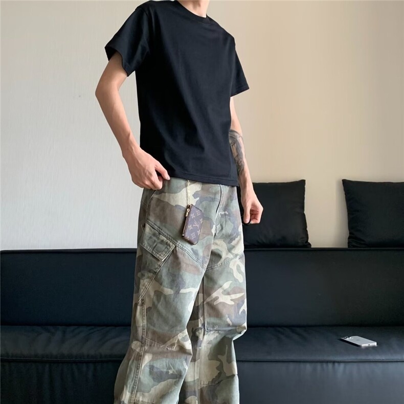 美式复古街头迷彩工装裤男百搭休闲直筒裤高街微喇叭裤MM7049P53,男装牛仔裤,星座1013-1