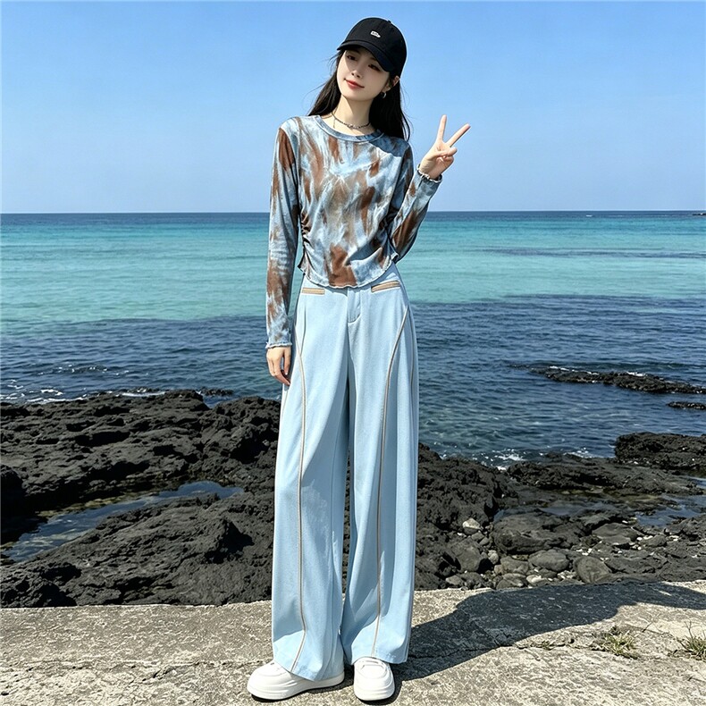 女夏季新款时尚减龄套装圆领晕染网纱印花长袖上衣阔腿长裤两件套,女装套装/套裙,江南