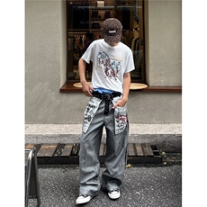 设计感美式复古仿反穿裁剪牛仔裤男秋翻面明线阔腿裤AM7067P51，男装牛仔裤，星座1013-5