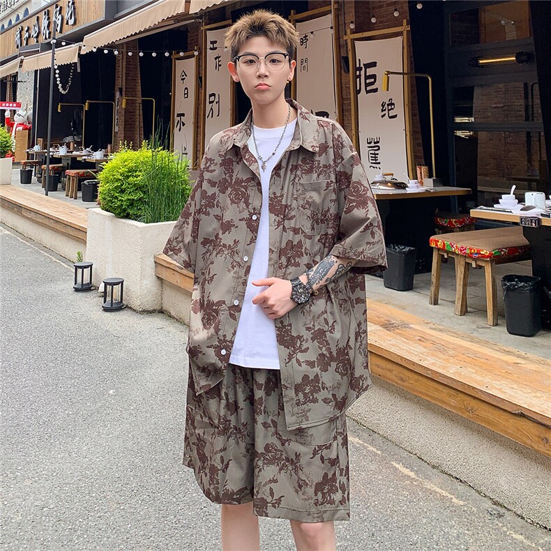 2025夏碎花印花冰丝凉感短袖衬衫薄套装TZ7890/特P45绿色6,男装休闲套装,电商A094