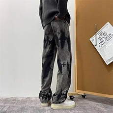 秋冬新款黑色扎染牛仔裤潮牌痞帅炸街美式直筒弯刀裤子B62/P48，男装牛仔裤，星座506