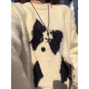 美式卡通小狗套头毛衣男女冬季马海毛圆领针织衫慵懒休闲情侣内搭图片