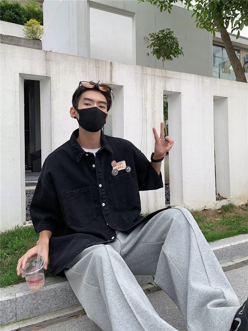 标准短袖潮流方领ins百搭潮男夏季原宿牛仔衬衫J1012P50,男装衬衫,星座1116-2