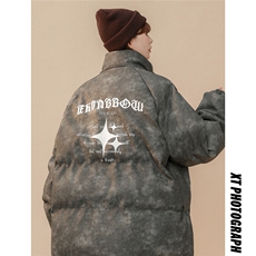 1PU皮复古做旧可拆卸四芒星胸针大码M-5XL棉衣男MY77721P128控168，男装棉衣，星座226-2