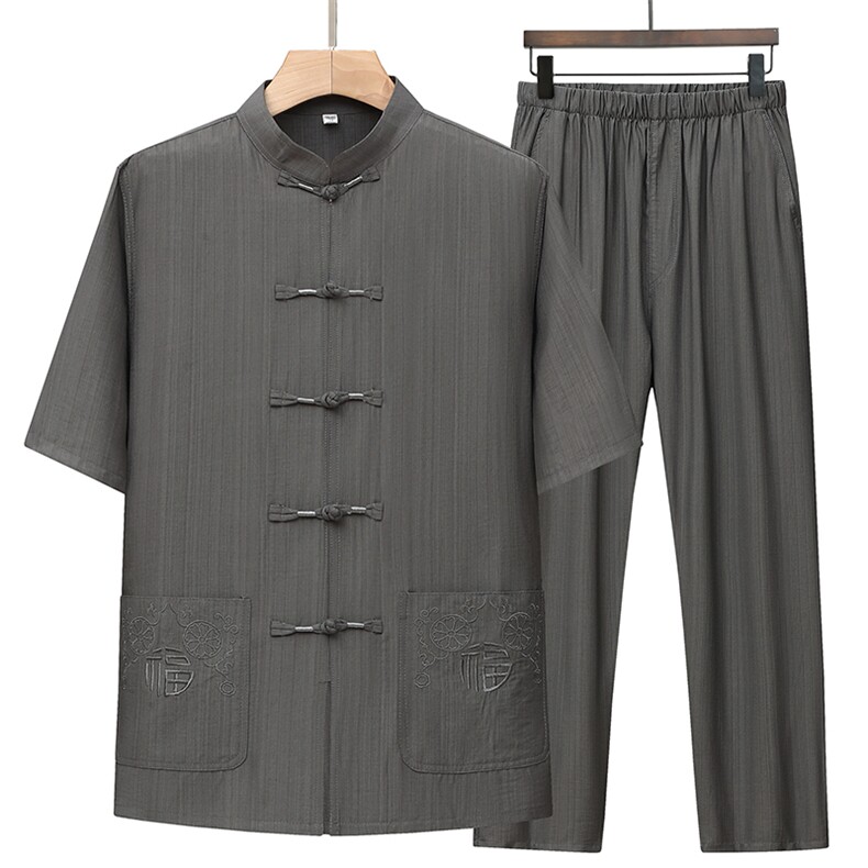 风唐装棉麻短袖衬衫套装男士夏装太极服宽松套装TRA301-P105,男装T恤,星座1105-3