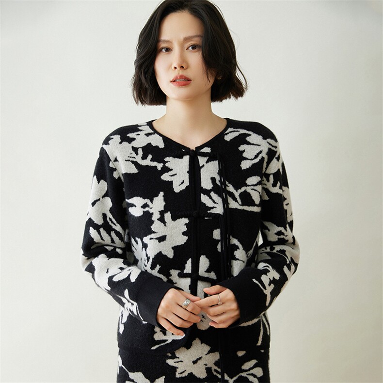 时尚提花盘扣35%羊绒开衫优雅显瘦女装毛衣外套,女装羊绒衫,迎冬羊绒