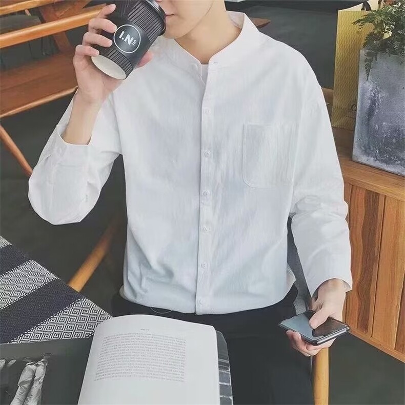 衬衫长袖男韩版黑色立领帅气棉麻衬衣ins港风休闲男士夏季寸衫潮,男装衬衫,星座506A