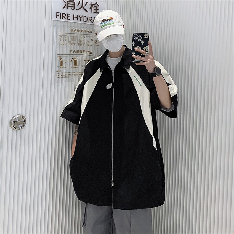 S42-P42宽松型撞色双拉链短袖衬衫,男装衬衫,星座1501-1