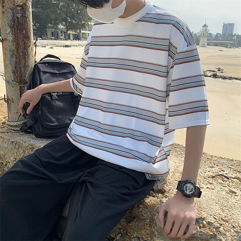 2024夏季新潮ins条纹中性风圆领男宽松透气短袖T恤,男装T恤,电商A161-2