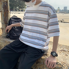 2024夏季新潮ins条纹中性风圆领男宽松透气短袖T恤，男装T恤，电商A161-2