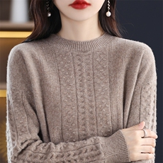 时尚百搭女士秋冬圆领羊毛衫羊毛绞花简约显瘦毛衣，女装羊毛衫，天佑贝依